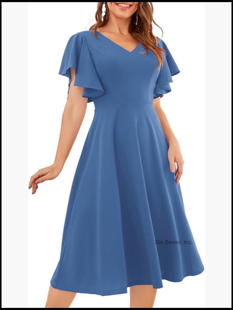 Short Sleeve Fit And Flare V-Neck Midi Dress W/ Ruffle Hem